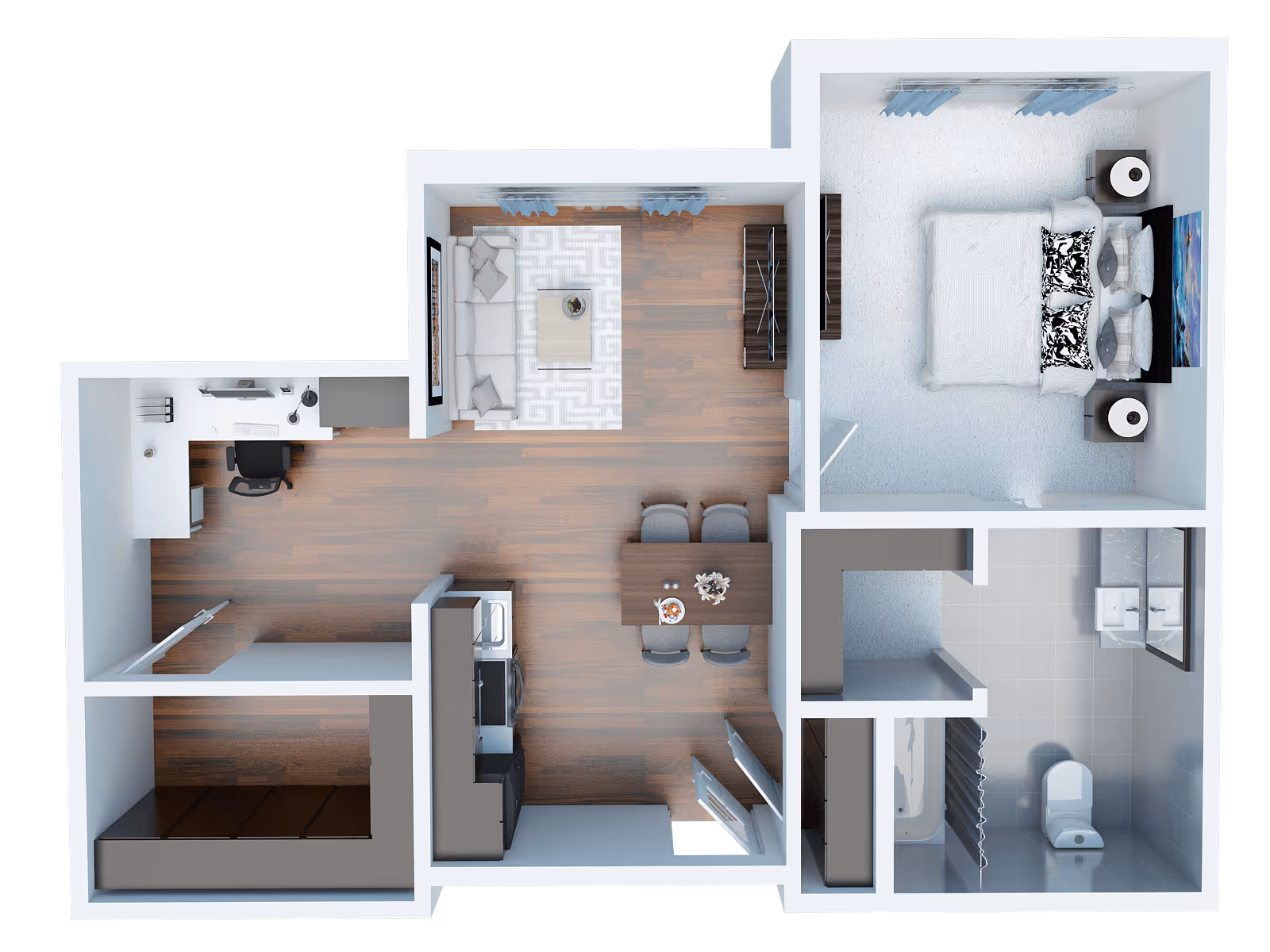 Top-down view of a senior living apartment floor plan showing a bedroom with a bed and nightstands, a bathroom with a shower, toilet, and sink, a living room with a sofa and coffee table, a dining area with a table and four chairs, a kitchen with appliances, and a small office area with a desk and chair.