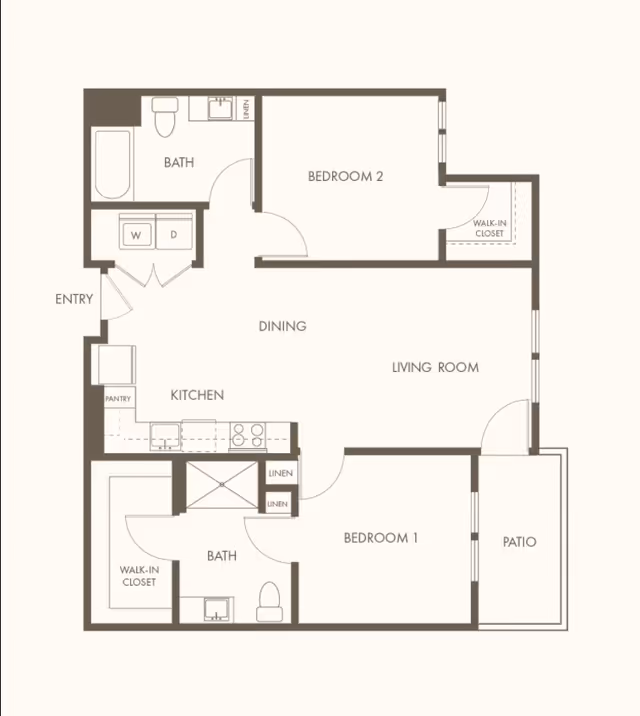 Floor plan of a two-bedroom apartment featuring an entryway leading to a kitchen with pantry, a dining area, and a living room with access to a patio. Bedroom 1 includes a walk-in closet and an attached bathroom. Bedroom 2 also has a walk-in closet and is adjacent to a second bathroom. There is a laundry area with washer and dryer near the entry.