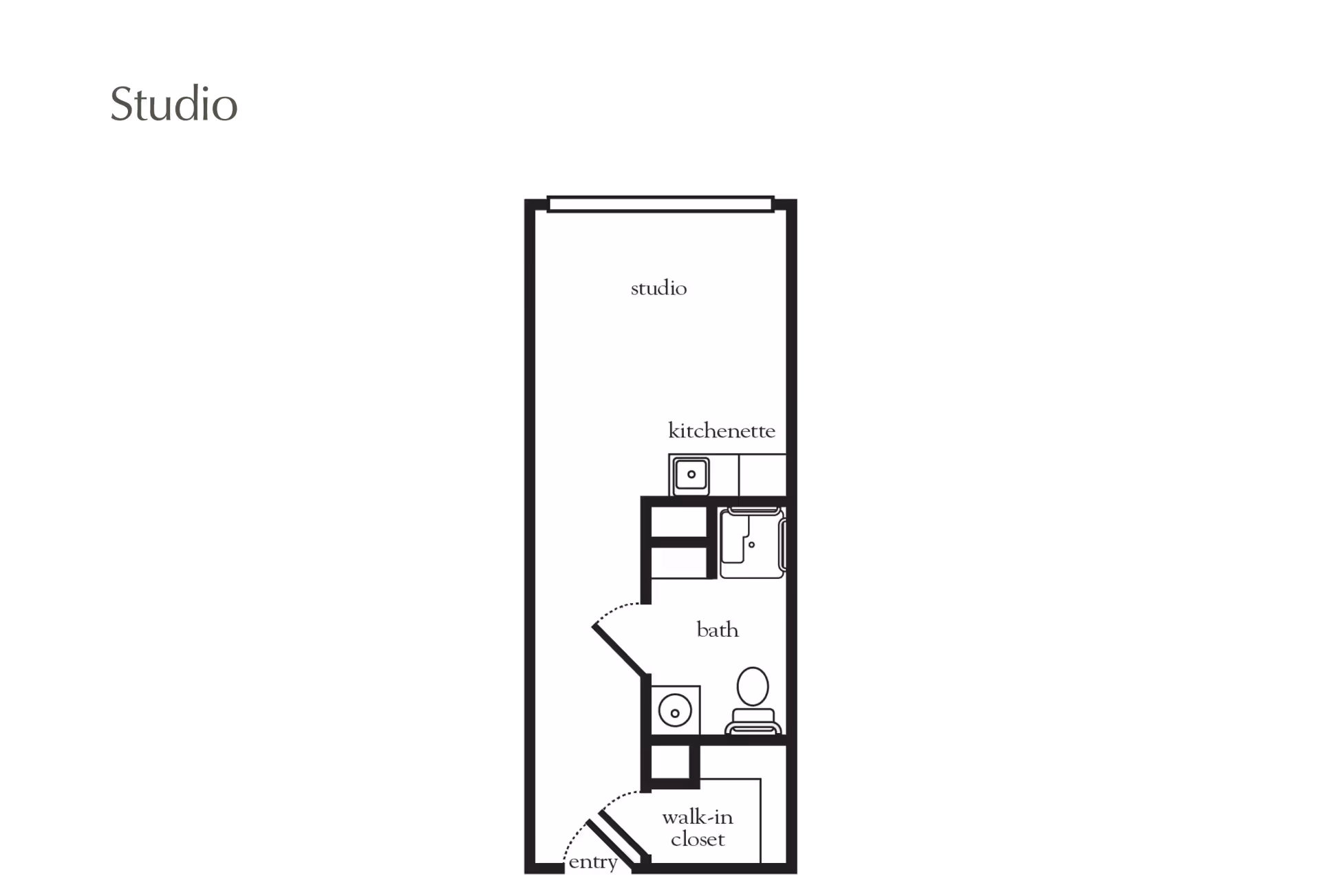 Floor plan of a studio apartment at Atria Center City showing an entry leading to a walk-in closet, a bathroom with a toilet and sink, a kitchenette, and a main studio living area.