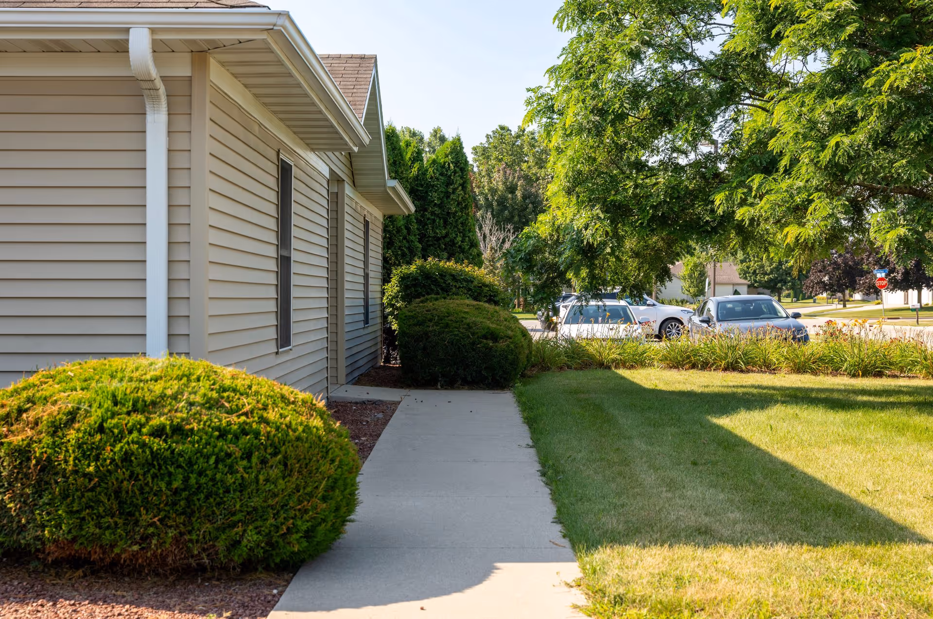 Sidewalk alongside a beige-sided building bordered by trimmed shrubs, lawn, and trees with parked cars visible on the street.