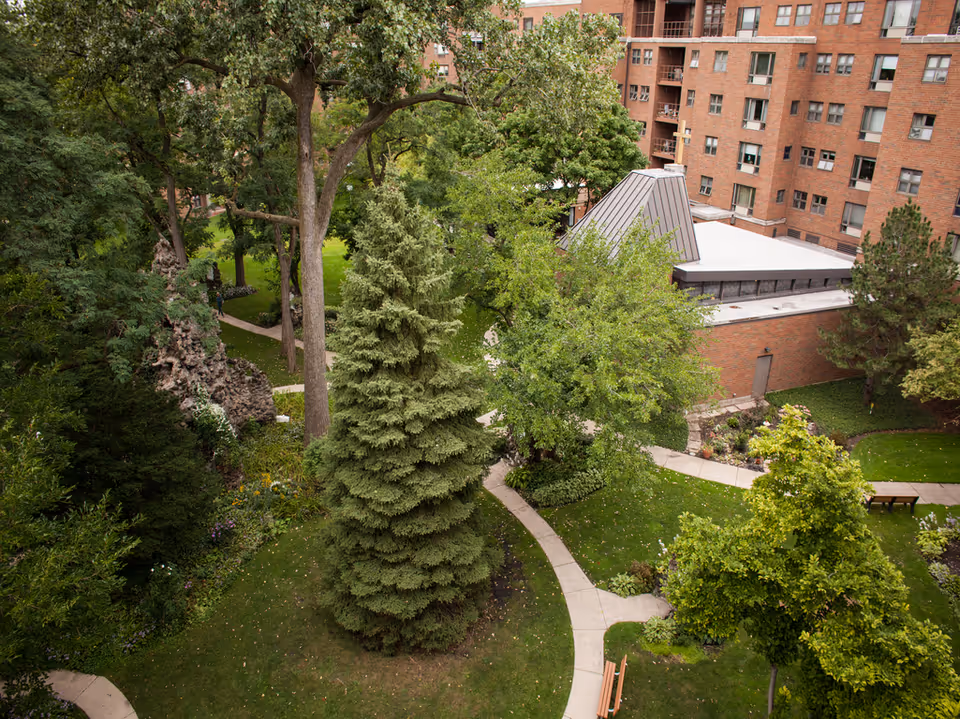 A landscaped outdoor garden area with winding concrete pathways, green grass, various trees including a large evergreen, and benches. In the background, there is a multi-story brick building with several windows.