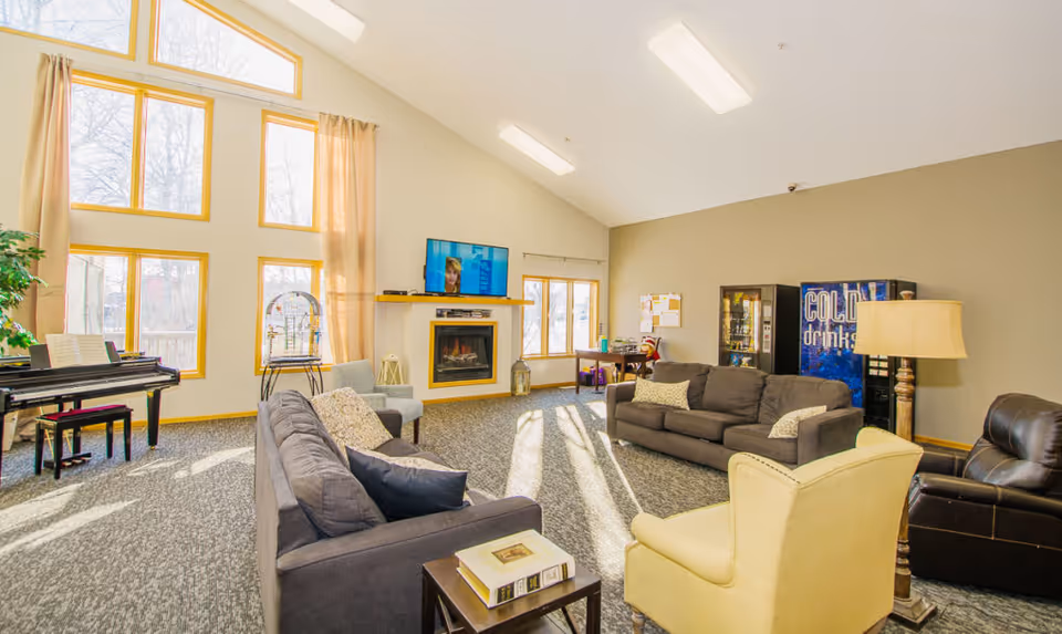 A bright and spacious living room with large windows letting in natural light. The room features two gray sofas, a yellow armchair, a black leather recliner, a piano with a bench, a birdcage, a fireplace with a mounted TV above it, a vending machine, a floor lamp, and a small table with books. The walls are painted beige and the carpet is gray.
