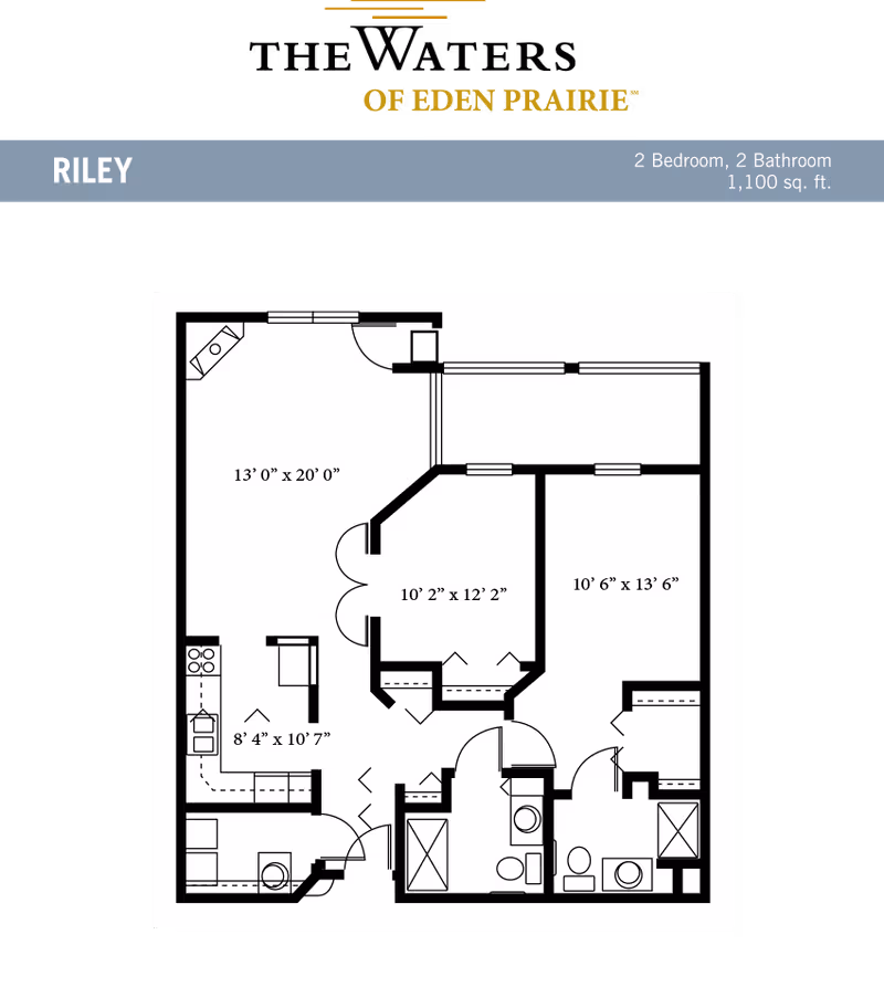Floor plan layout of a two-bedroom, two-bathroom apartment named Riley at The Waters of Eden Prairie, showing room dimensions and arrangement including kitchen, living area, bedrooms, and bathrooms.