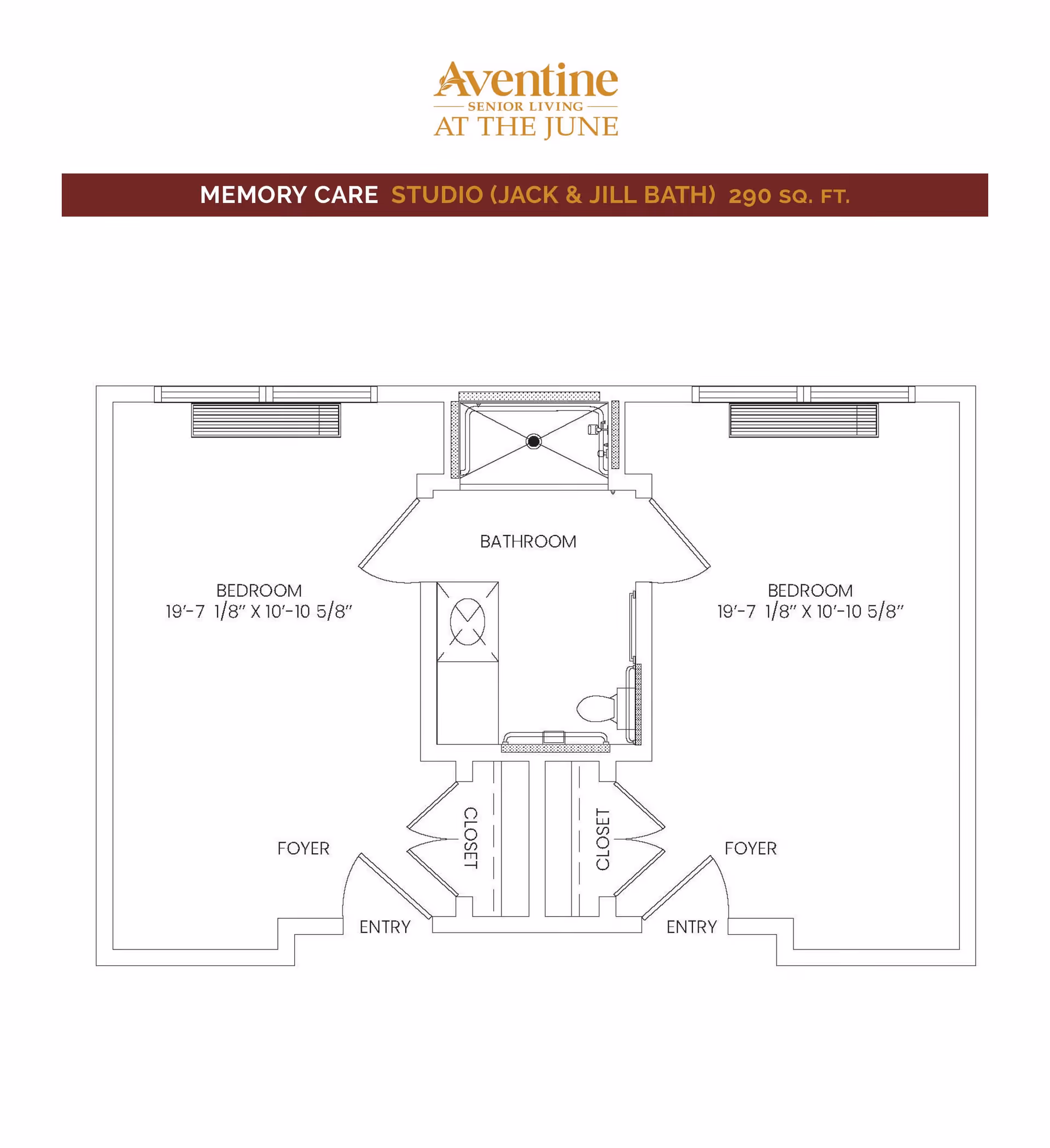 Architectural floor plan of a memory care studio with a Jack and Jill bathroom. The layout includes two bedrooms of equal size (19 feet 7 1/8 inches by 10 feet 10 5/8 inches), each with a foyer and closet, connected by a shared bathroom in the center. The bathroom has a shower, toilet, and sink. Each bedroom has an entry door leading to the foyer.