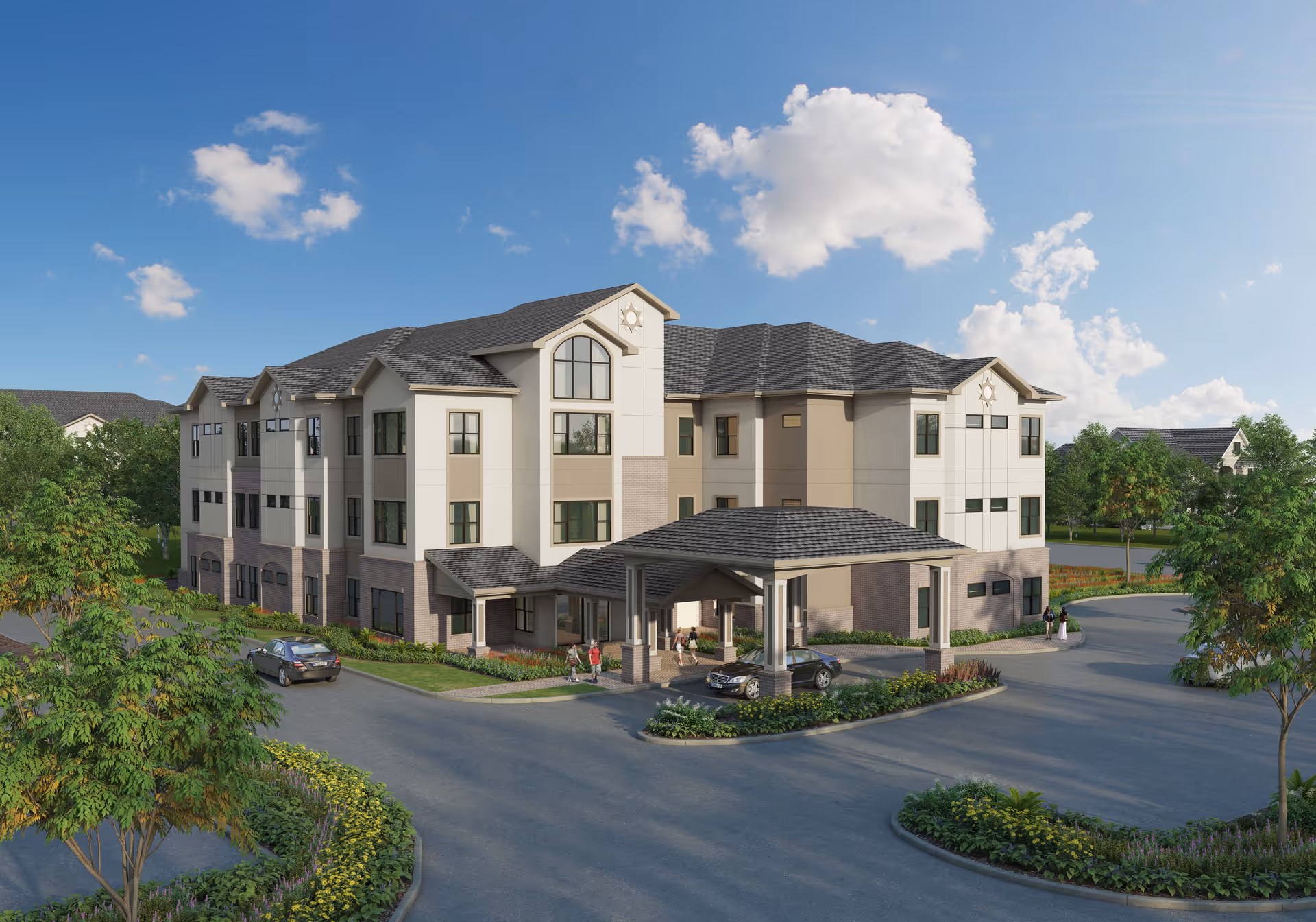 Exterior view of a three-story senior living facility building with a covered entrance driveway, surrounded by landscaped greenery and trees under a partly cloudy blue sky.