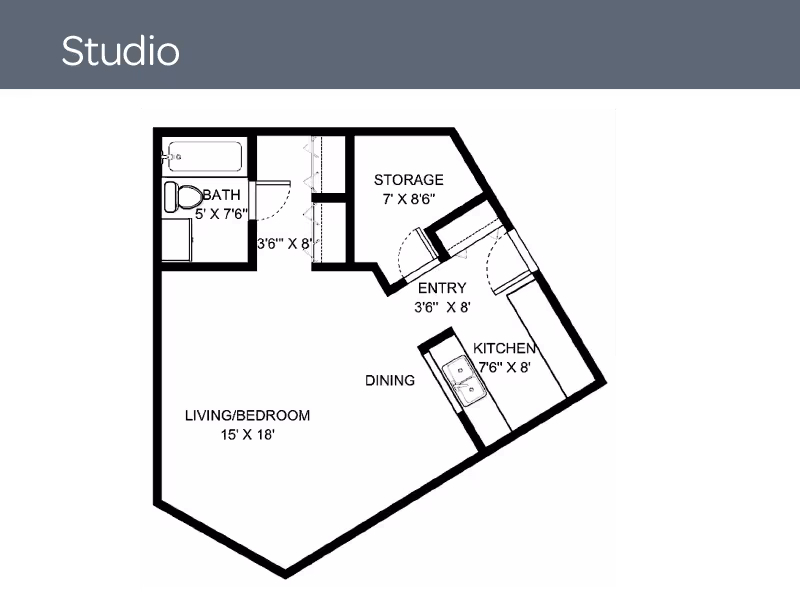 Floor plan of a studio apartment showing a living/bedroom area measuring 15 by 18 feet, a kitchen area measuring 7 feet 6 inches by 8 feet, a bath measuring 5 by 7 feet 6 inches, a storage room measuring 7 by 8 feet 6 inches, and an entry area measuring 3 feet 6 inches by 8 feet. The layout includes labeled areas for dining and clearly marked doors and fixtures.