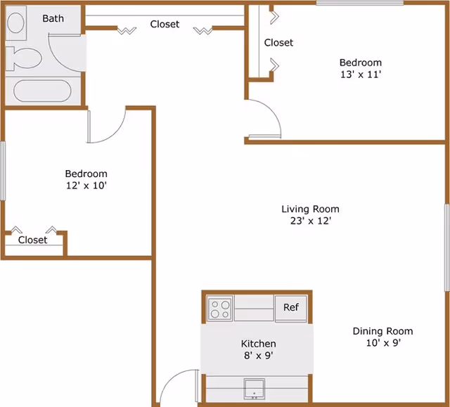 Floor plan diagram of a two-bedroom apartment showing a living room, dining room, kitchen, bathroom, bedrooms and closets with room dimensions.