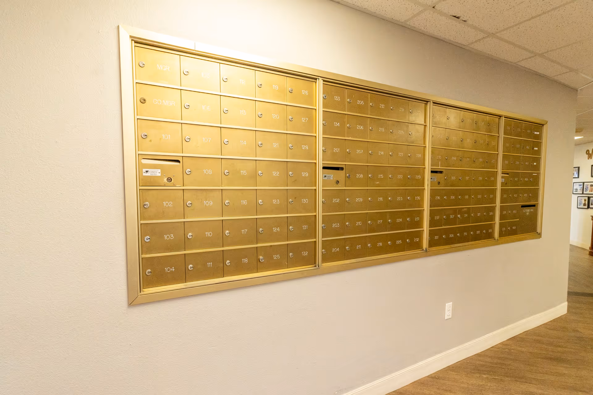 A wall-mounted set of gold-colored mailboxes with multiple locked compartments, each labeled with numbers. The mailboxes are installed in a hallway with light-colored walls and wood flooring. Part of the hallway and some framed pictures are visible in the background.