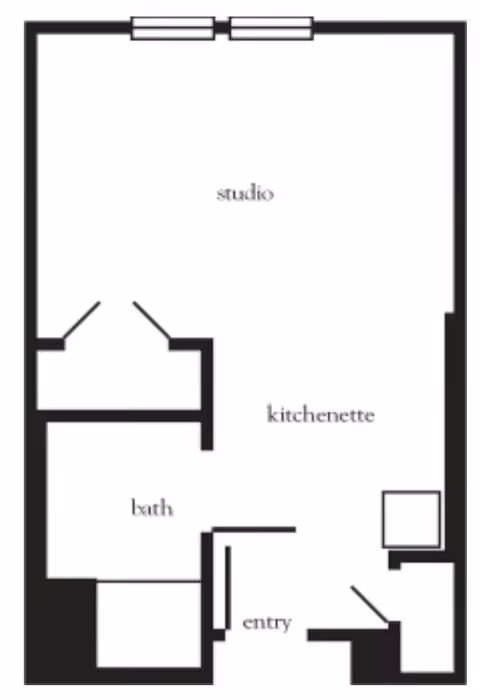 Floor plan of a studio apartment at Atria Longmeadow Place showing areas labeled studio, kitchenette, bath, and entry.