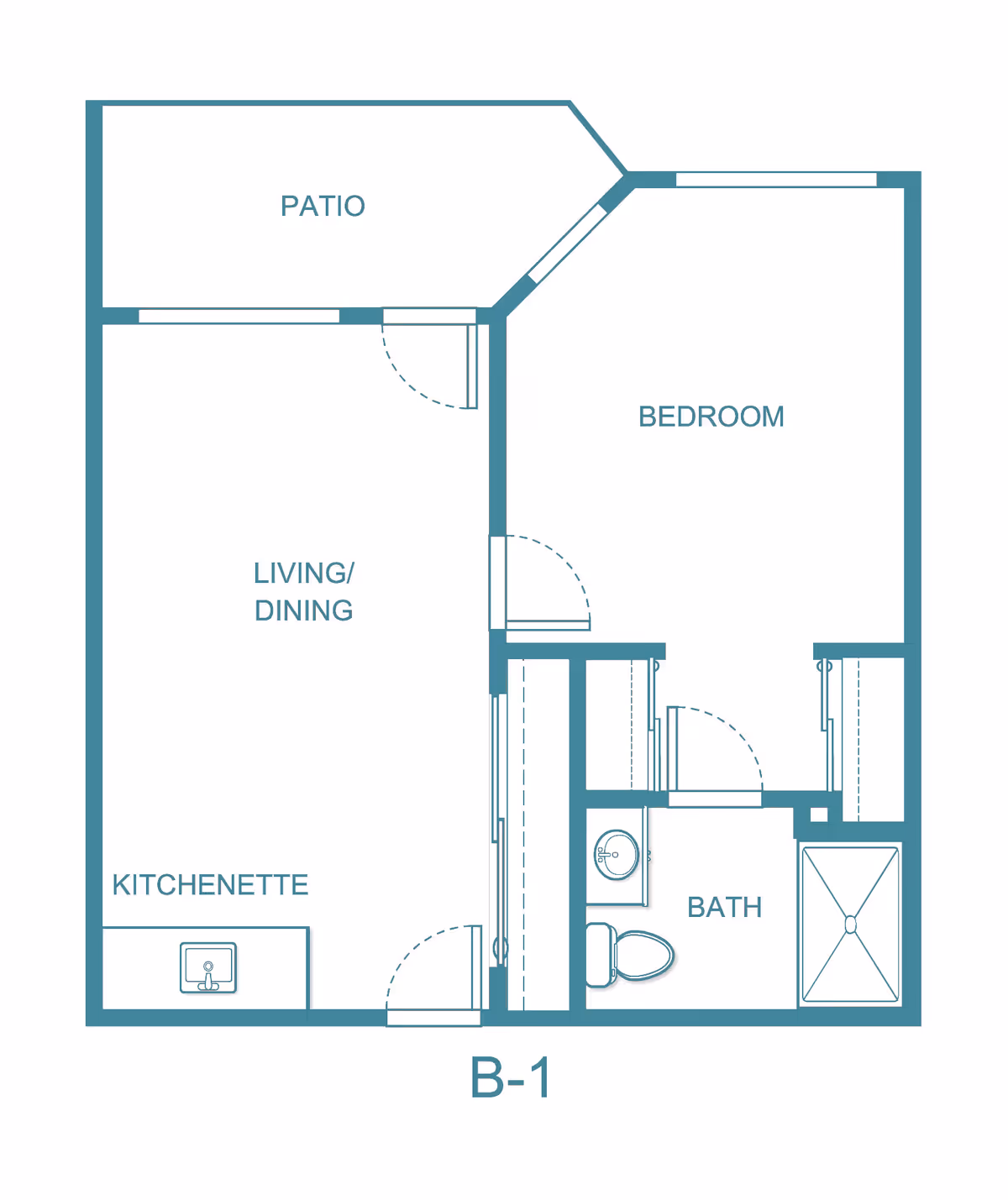 Blue floor plan labeled B-1 showing a one-bedroom apartment with bedroom, living/dining area, kitchenette, bathroom, and patio.