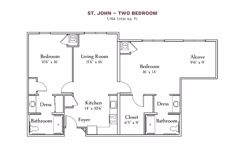Floor plan of a two-bedroom apartment named St. John with a total area of 1,164 square feet. The layout includes two bedrooms, each with a dressing area and bathroom, a living room, kitchen, foyer, closet, and an alcove area.