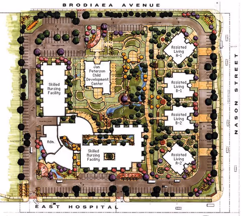 Colored site plan of Integrated Care Communities showing skilled nursing and assisted living buildings, a child development center, parking areas, pathways and landscaped courtyards.