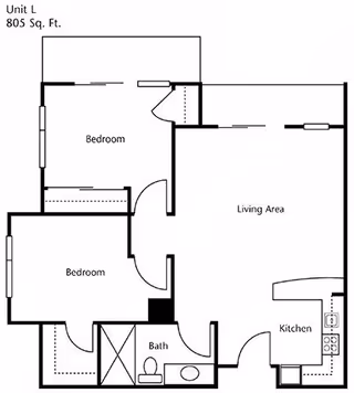 Architectural floor plan of Unit L with 805 square feet, showing two bedrooms, a living area, a kitchen, and a bathroom.