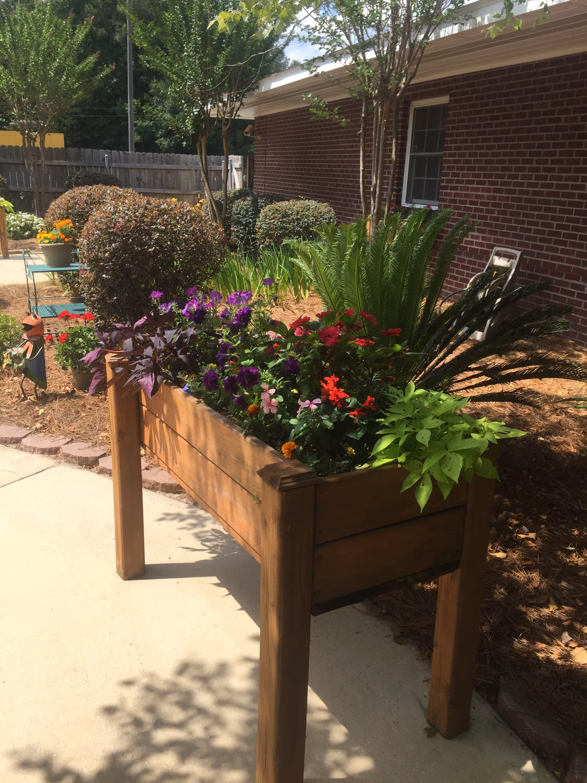 Wooden raised planter filled with colorful flowers in a sunny courtyard beside a brick building.