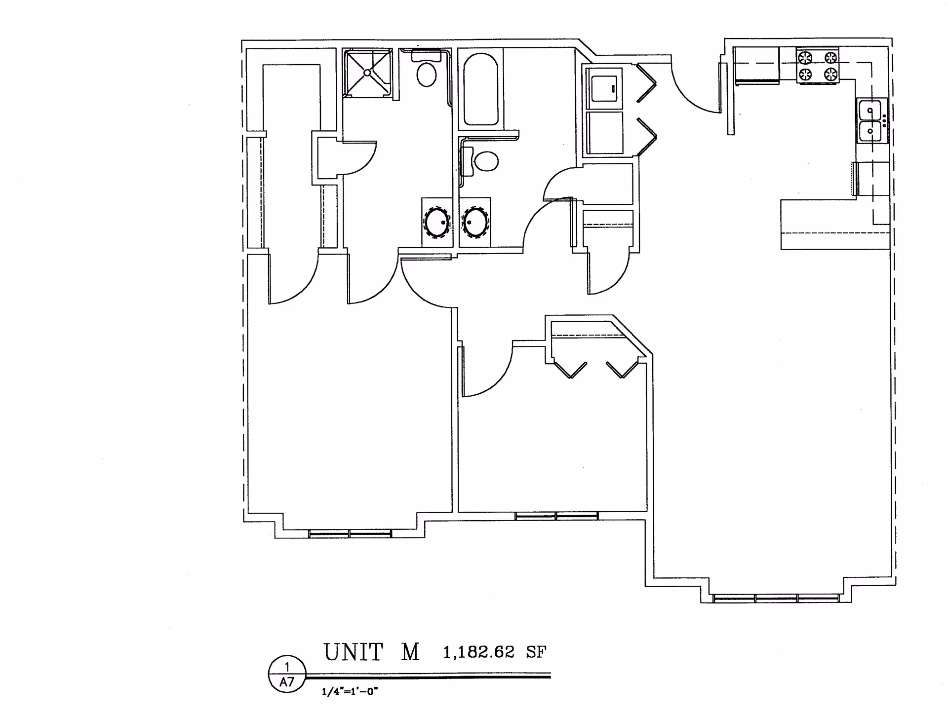 Architectural floor plan of Unit M showing layout including two bedrooms, two bathrooms, kitchen, and living area with total area of 1,182.62 square feet.