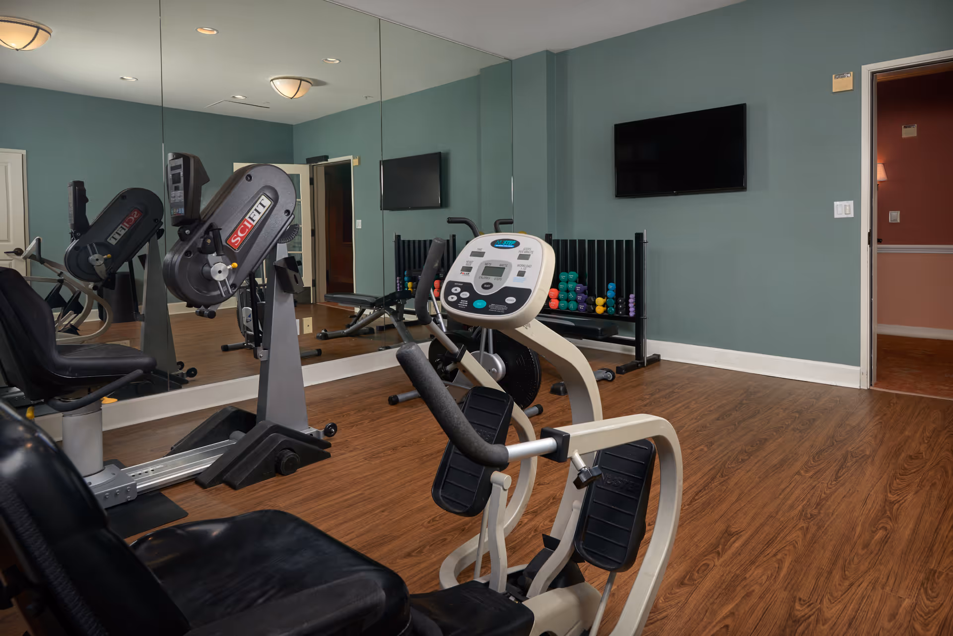 Interior view of a fitness room with exercise equipment including a recumbent bike and a strength training machine. The room has wood flooring, a large mirror on one wall, a flat screen TV mounted on a greenish wall, and a rack with colorful dumbbells.
