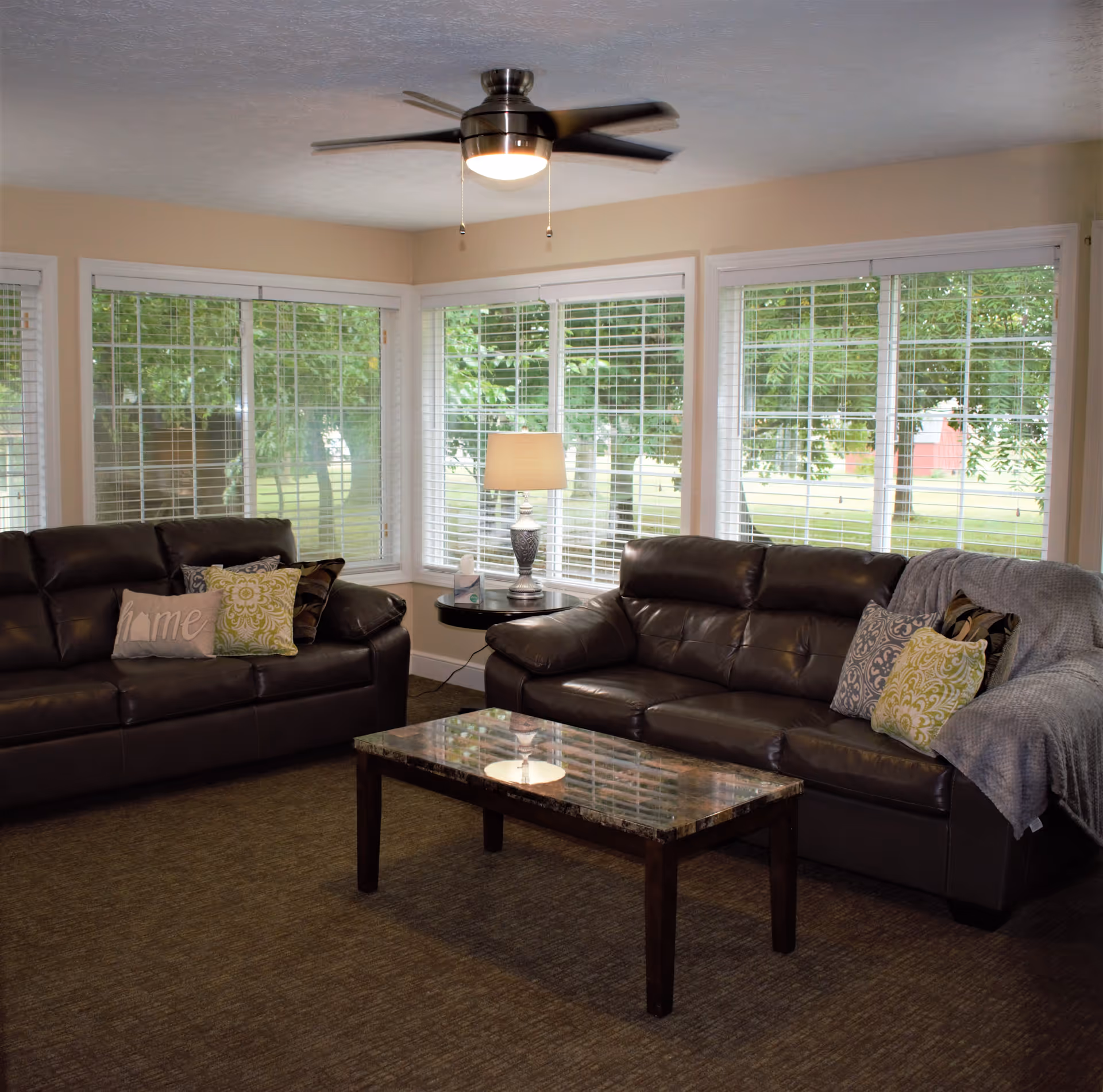 A cozy living room with two dark brown leather sofas adorned with decorative pillows and a gray throw blanket. A rectangular glass-top coffee table is centered on a carpeted floor. Large windows with white blinds provide a view of green trees outside. A ceiling fan with a light fixture is mounted on the ceiling, and a table lamp sits on a small round side table between the sofas.