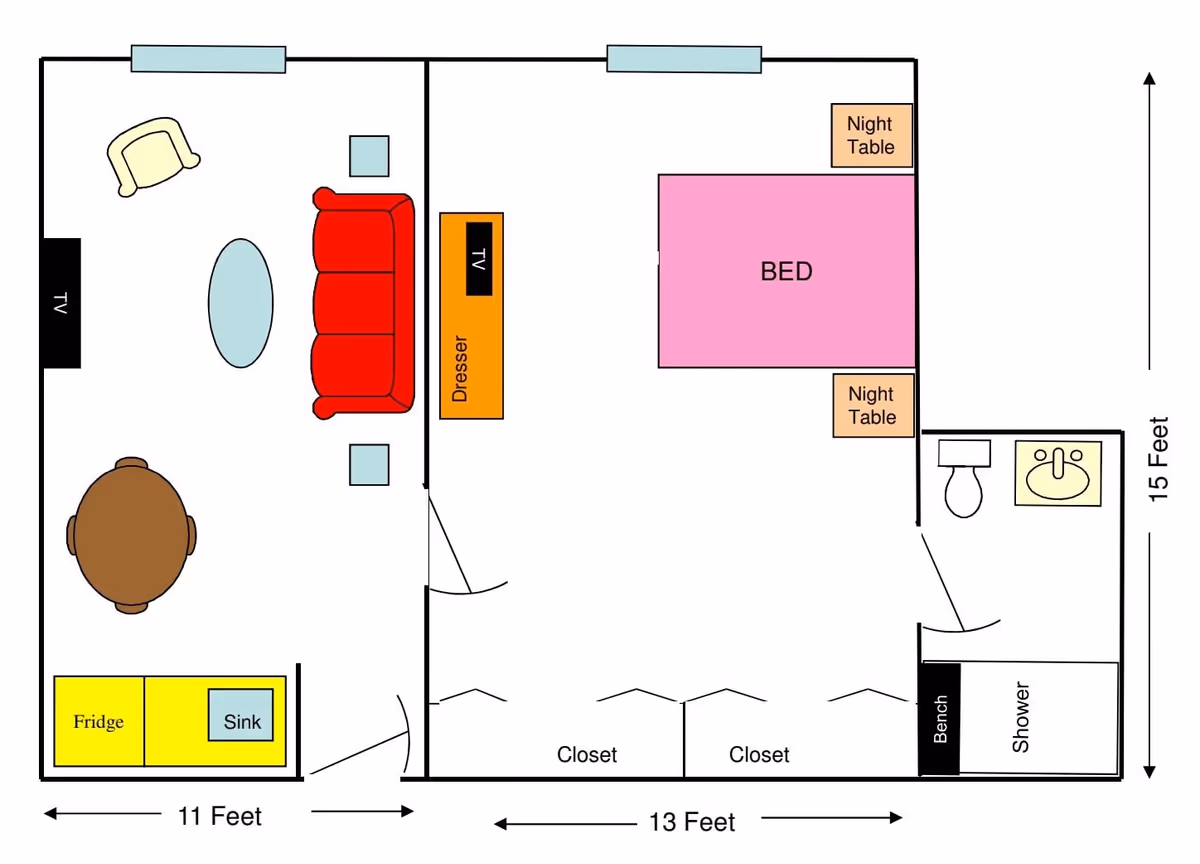 Floor plan of a living space at The Club at Haines City showing a living room with a red sofa, armchair, coffee table, round dining table, TV, fridge, and sink. Adjacent bedroom with a bed, two night tables, dresser with TV, and two closets. Bathroom with a shower, bench, toilet, and sink. Dimensions are 11 feet by 15 feet for the living/kitchen area and 13 feet by 15 feet for the bedroom and bathroom area.