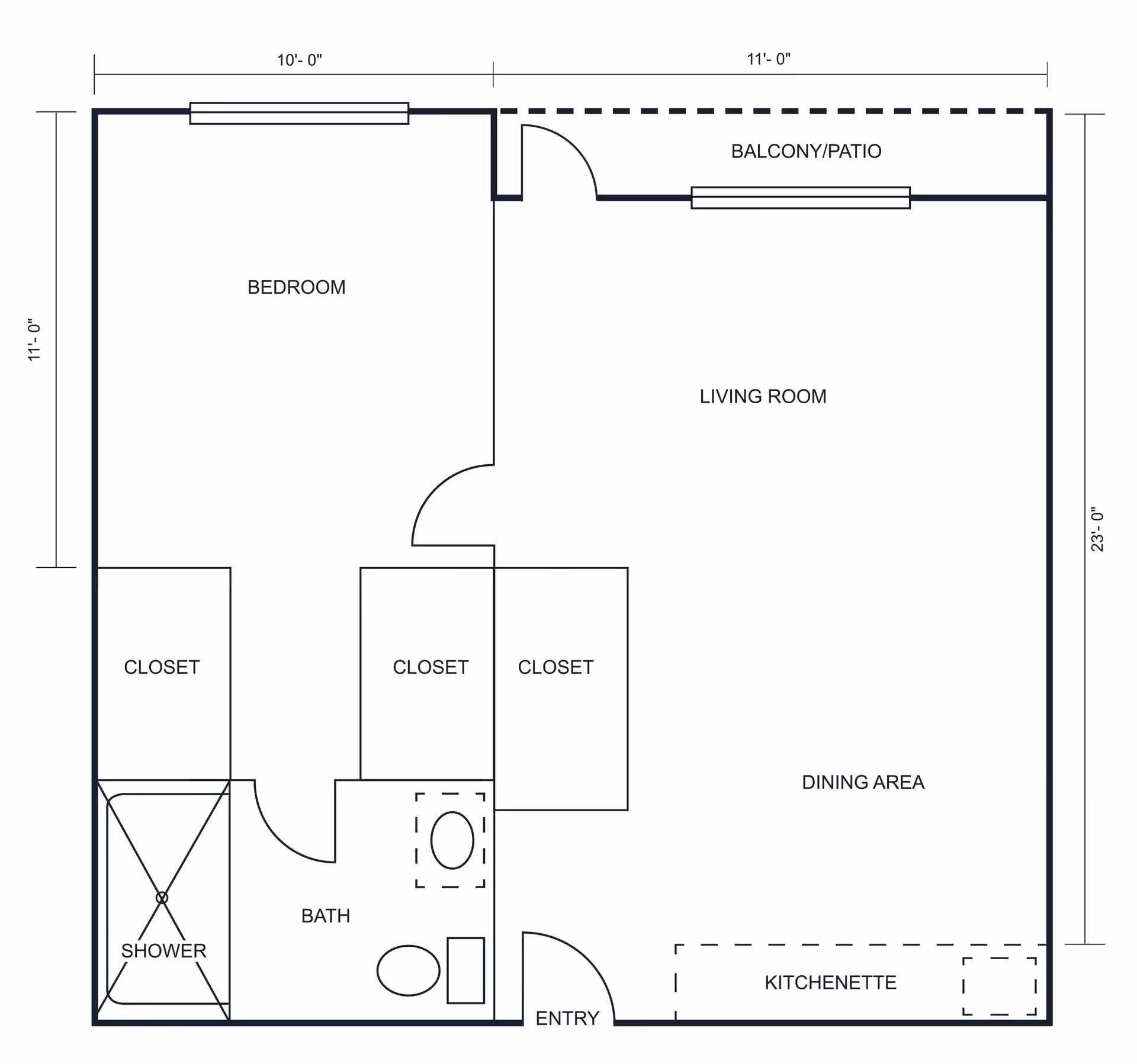 Floor plan of an assisted living apartment showing a bedroom with two closets, a bathroom with a shower, a living room with a balcony/patio, a dining area, and a kitchenette near the entry.