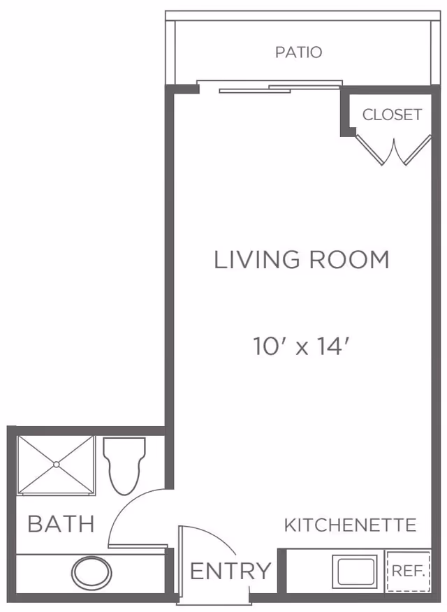 Floor plan of a small living space at BridgePoint at Los Altos showing a living room measuring 10 by 14 feet, a kitchenette with a refrigerator and microwave, a bathroom with a shower, toilet, and sink, an entry door, a closet, and a patio area.
