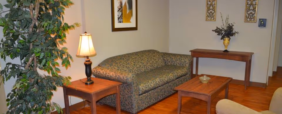 Small seating area with a patterned couch, wooden coffee and side tables, a lamp, and a potted plant.