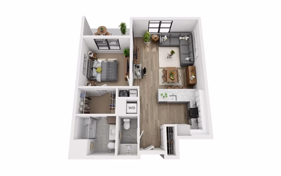 3D rendered one-bedroom apartment floor plan showing an open living room and kitchen, separate bedroom, bathroom, closet, and washer/dryer.