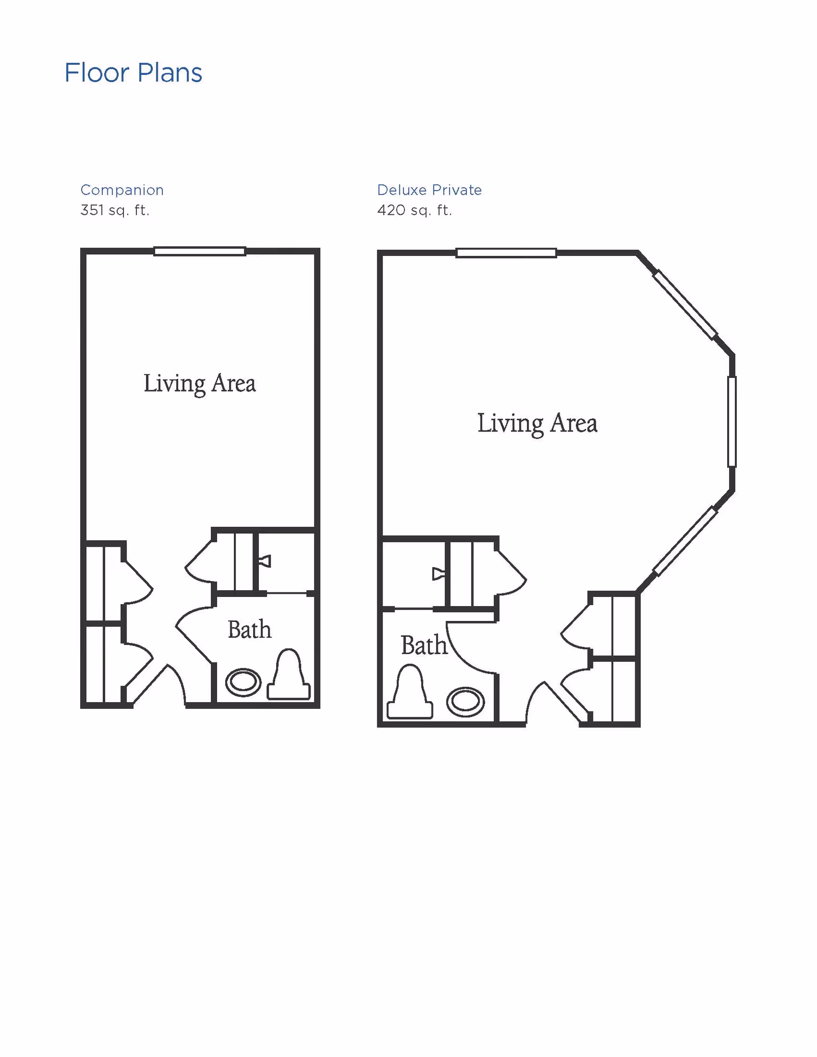 Floor plans for two types of living spaces at Brookdale Robinwood: Companion with 351 sq. ft. and Deluxe Private with 420 sq. ft. Each plan shows a living area and a bath with fixtures.