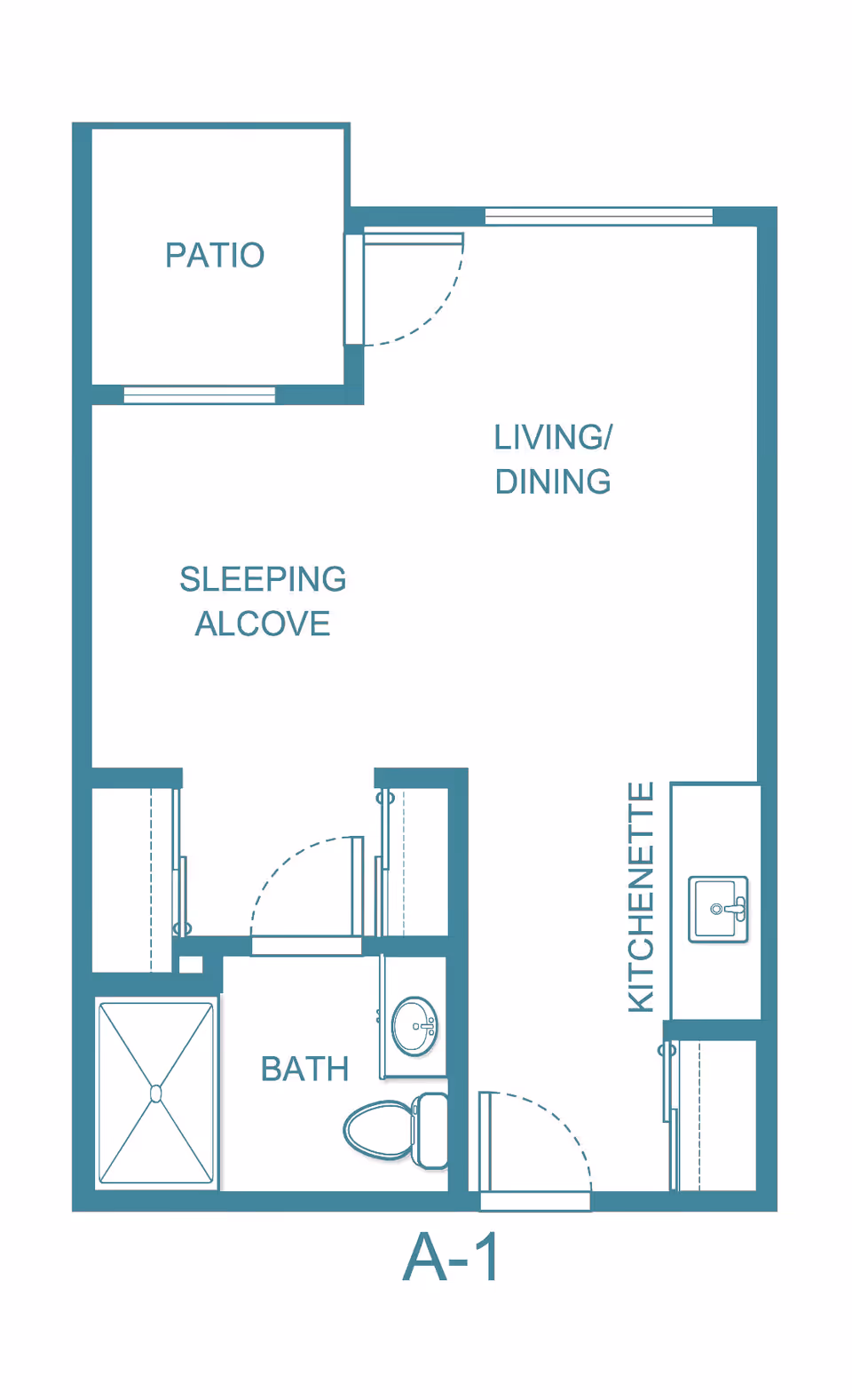 Architectural floor plan of a studio apartment labeled A-1 featuring a patio, living/dining area, sleeping alcove, kitchenette, and a bathroom with a shower, toilet, and sink.
