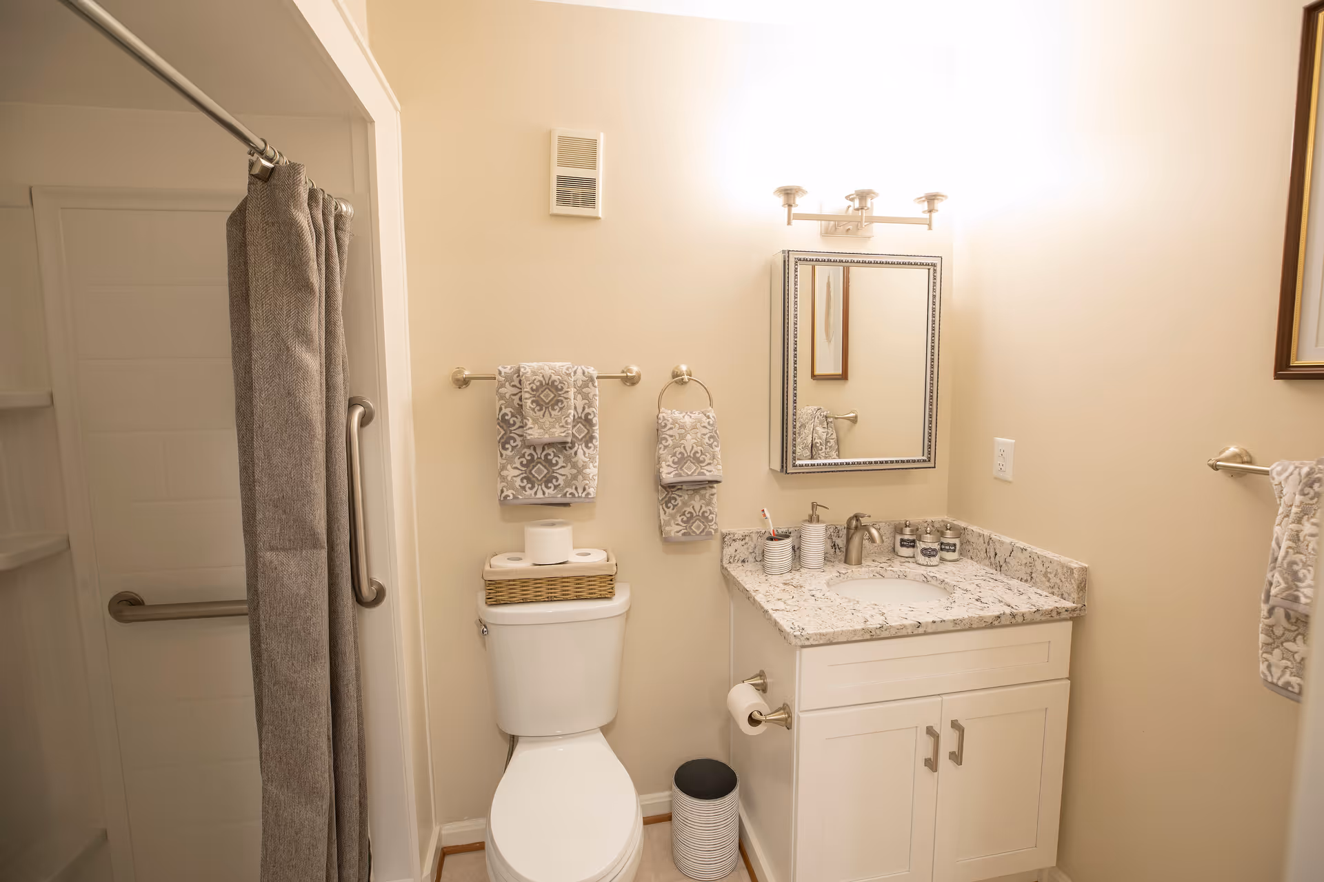 A clean and well-lit bathroom featuring a white toilet with a wicker basket holding toilet paper on top, a granite countertop with a sink, toothbrush holder, and small containers. There is a mirror above the sink with a light fixture, patterned towels hanging on towel racks, and a shower with a gray curtain and grab bars.