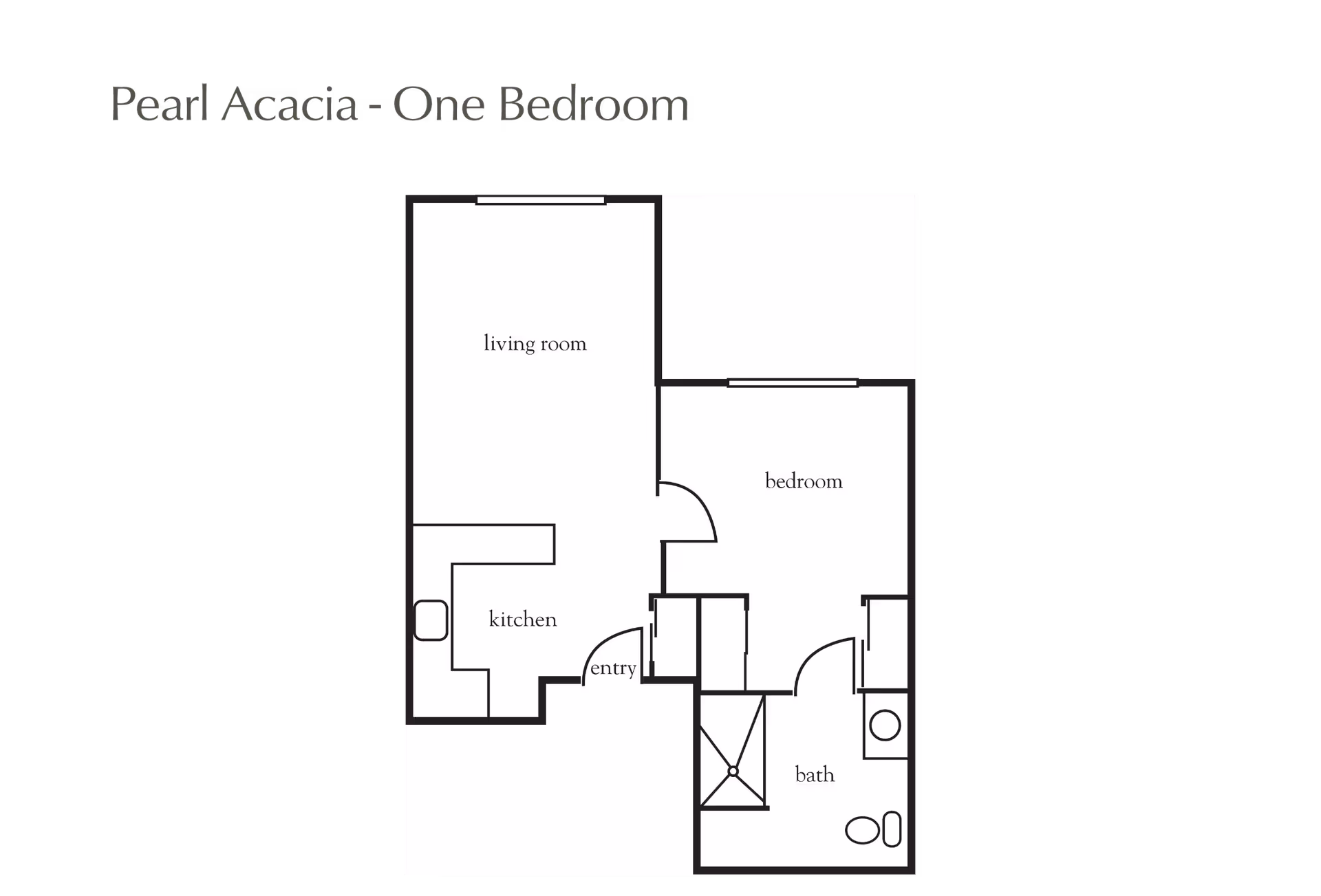 Floor plan layout of a one-bedroom unit named Pearl Acacia, showing a living room, kitchen, bedroom, bathroom, and entry area.