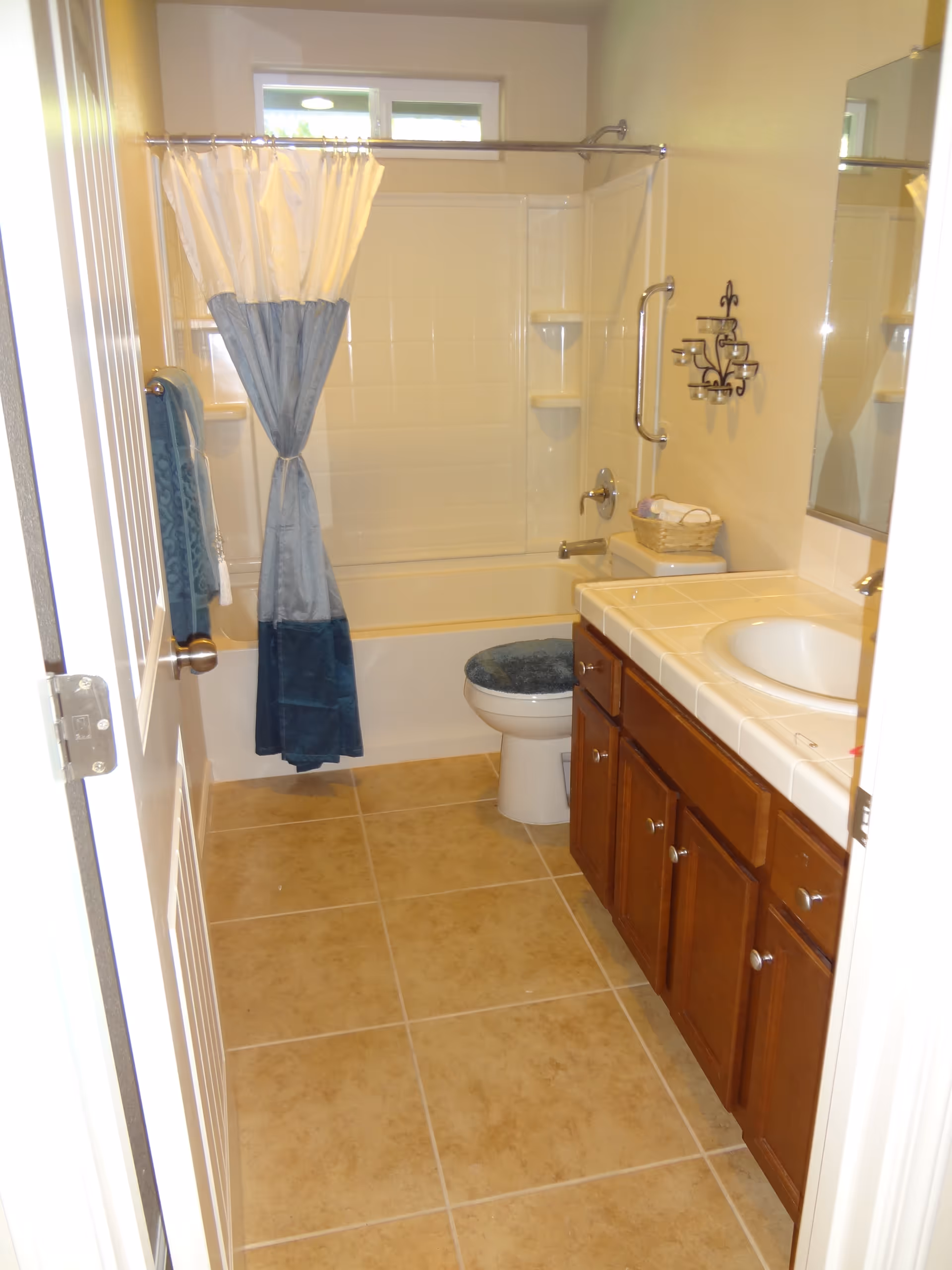 Small bathroom with a bathtub/shower behind a blue-and-white curtain, a toilet with a blue cover, and a wooden vanity with sink.