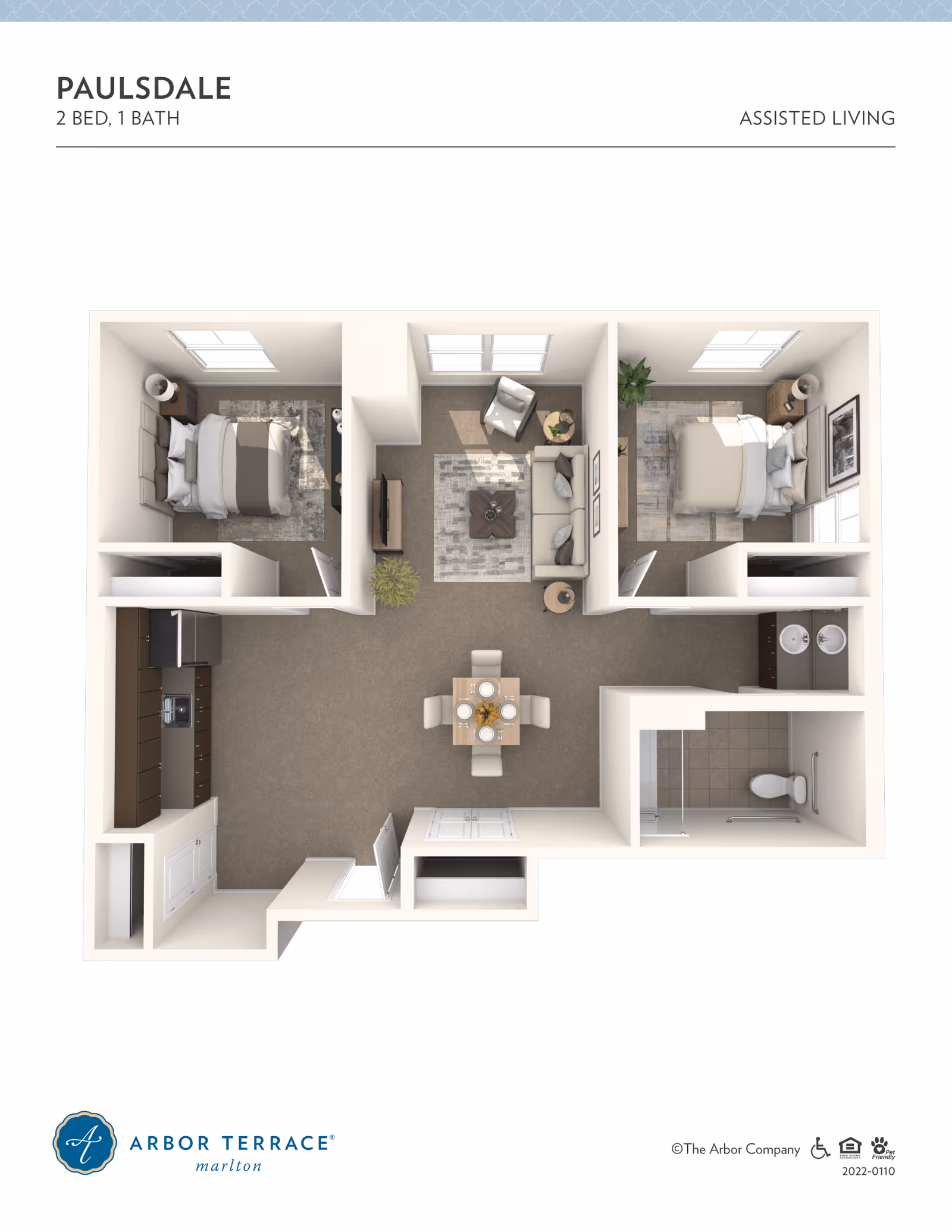 Floor plan of a 2 bedroom, 1 bathroom assisted living apartment named Paulsdale at Arbor Terrace Marlton. The layout includes two bedrooms with beds and nightstands, a living room with a sofa, armchair, coffee table, and TV, a dining area with a table set for four, a kitchen with appliances and cabinets, and a bathroom with a shower, toilet, and double sink vanity.