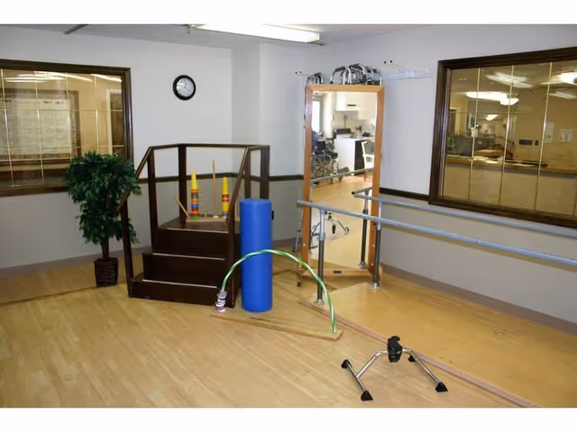 A physical therapy or rehabilitation room with wooden flooring, a small set of stairs with handrails, a large mirror, parallel bars for walking exercises, a blue cylindrical foam roller, colorful cones, and a walker. Two large windows with wooden frames look into adjacent rooms, and a clock is mounted on the wall.
