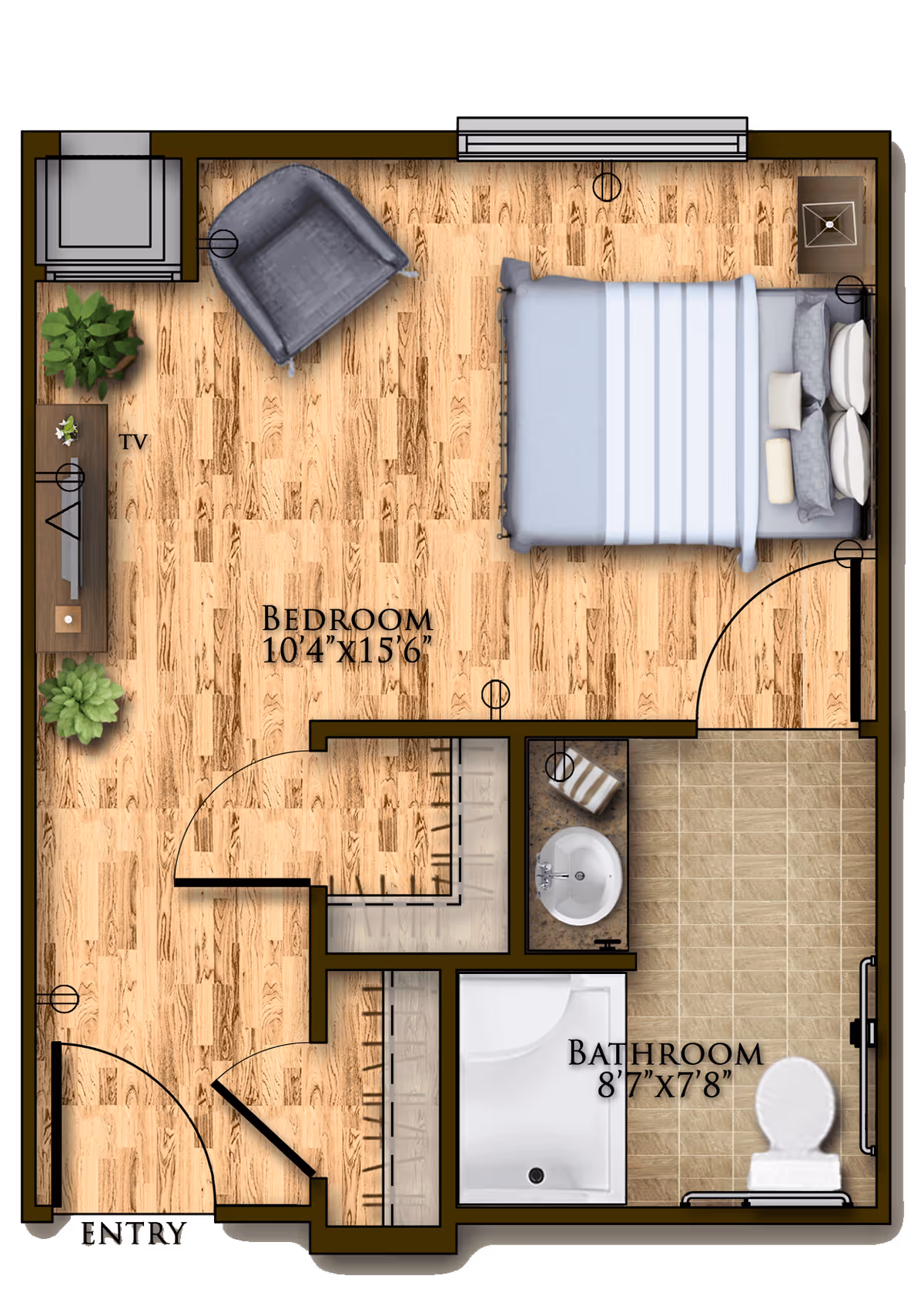 Floor plan of a senior living unit at Harmony at Greensboro showing a bedroom measuring 10 feet 4 inches by 15 feet 6 inches with a bed, armchair, TV, and plants. The unit also includes a bathroom measuring 8 feet 7 inches by 7 feet 8 inches with a shower, toilet, and sink. The entry door leads into a small hallway with closets.
