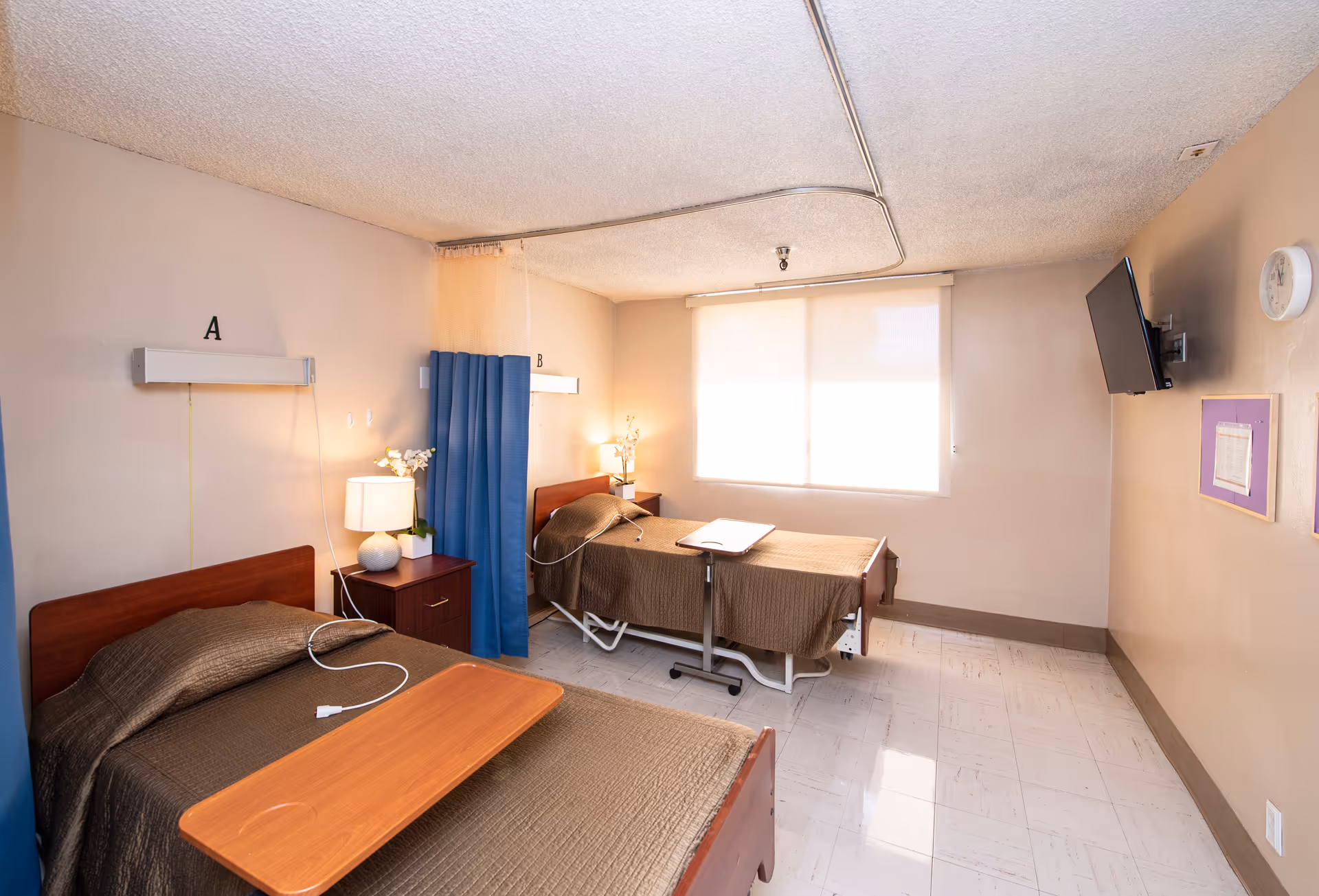 A room with two hospital-style beds labeled A and B, each with a brown blanket and an overbed table. There is a nightstand with a lamp and a small plant between the beds. A blue privacy curtain is partially drawn between the beds. A wall-mounted TV is visible on the right side, along with a clock and framed items on the wall. The room has a large window with a white blind letting in natural light.