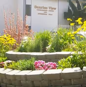 Raised stone flower beds with colorful flowers and lush greenery in front of the Sunrise View retirement facility building.