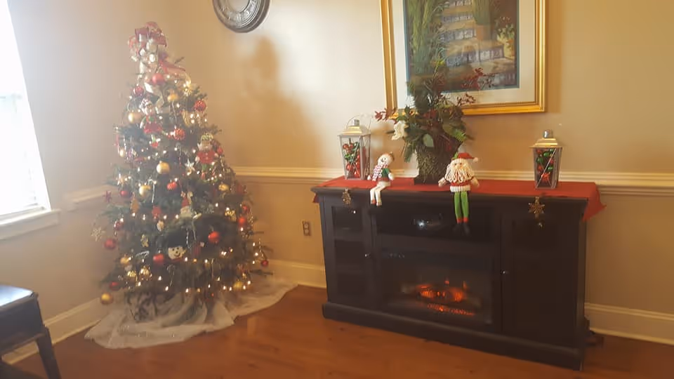 Decorated living room corner with a lit Christmas tree beside a dark electric fireplace cabinet topped with holiday decorations.