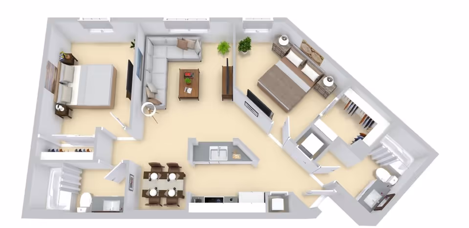 3D floor plan of a senior living apartment featuring two bedrooms, a living room with an L-shaped sofa and coffee table, a dining area with a table and six chairs, a kitchen with a sink and appliances, two bathrooms, and closets.