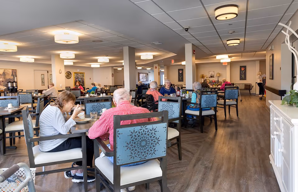 A spacious dining room in a senior living facility with several elderly residents seated at tables, eating and conversing. The room features wooden flooring, decorative chairs with blue patterned backs, and ceiling lights. There are paintings on the walls and a white cabinet with plants on the right side.
