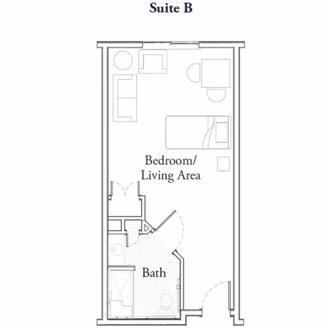 Floor plan of Suite B at Mukilteo Memory Care showing a combined bedroom and living area with a bed, sofa, chairs, and a table. The suite also includes a bathroom with a shower, toilet, and sink.