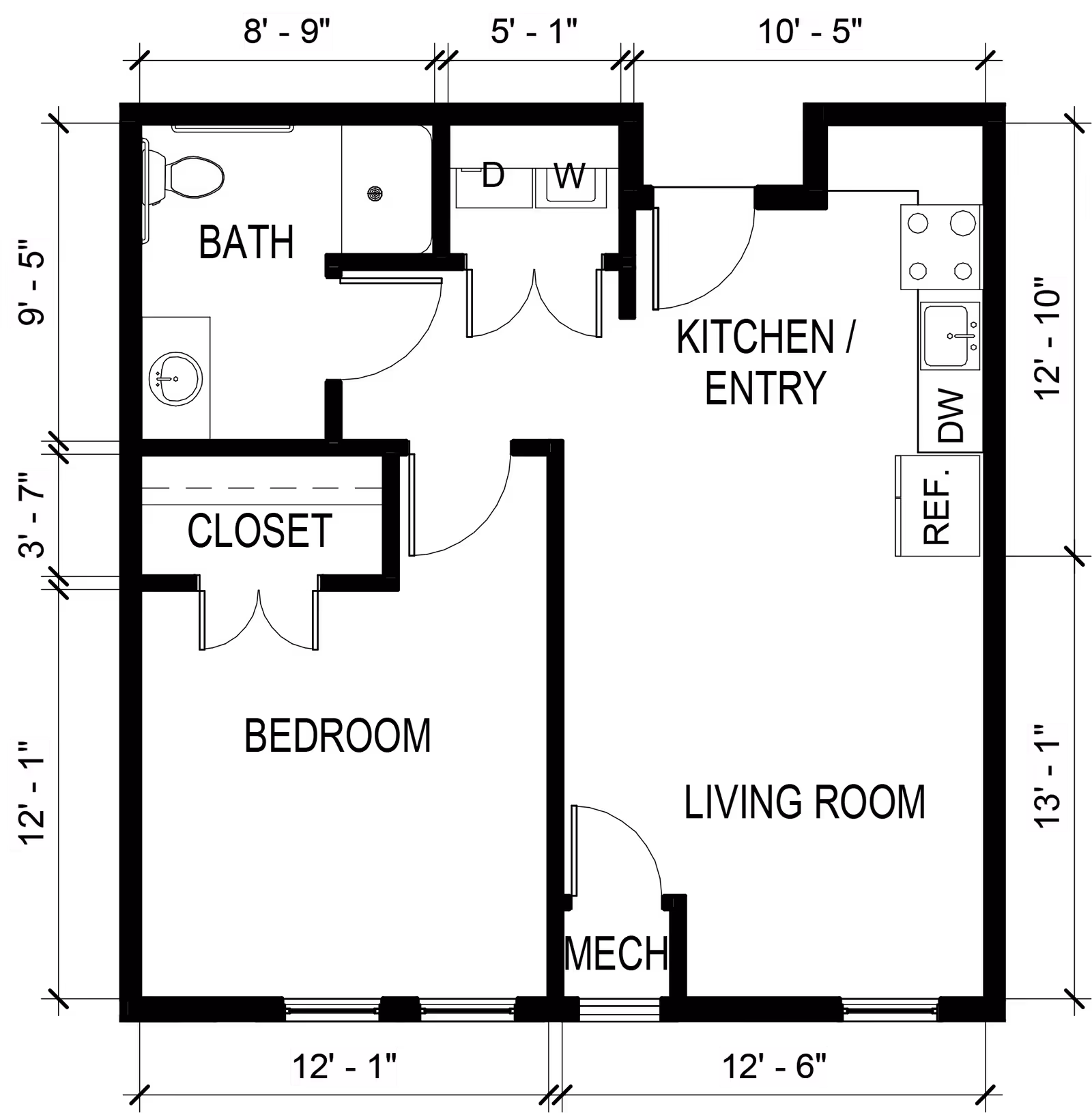 Black schematic showing white measurement labels (feet and inches) arranged around a rectangular floor plan.