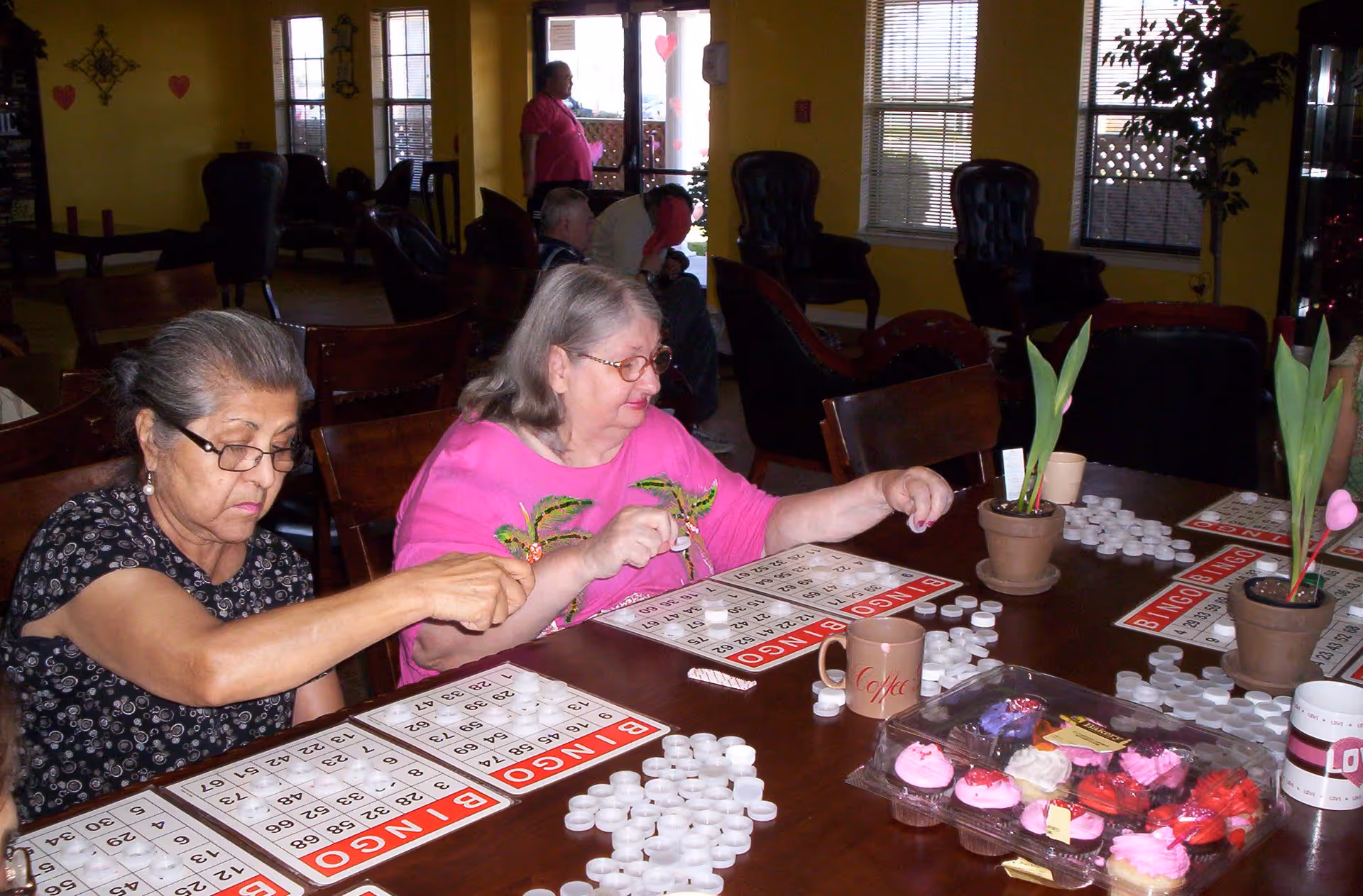 Two elderly women sitting at a table playing bingo with bingo cards and white markers. The table also has potted plants, coffee mugs, and a tray of colorful cupcakes. In the background, other people are seated in a room with yellow walls and windows.