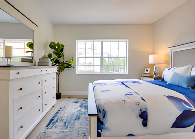 Bright bedroom with blue-and-white bedding, a white dresser with mirror, a window, a nightstand lamp, and a potted plant.