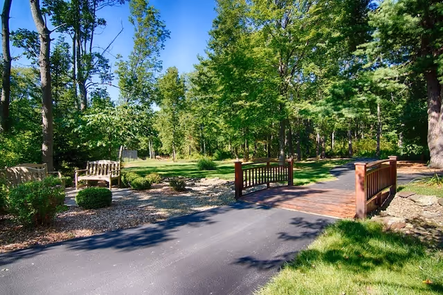 A peaceful outdoor area with a paved pathway leading to a small wooden bridge surrounded by green grass, bushes, and tall trees under a clear blue sky. There are wooden benches on the left side near the pathway.