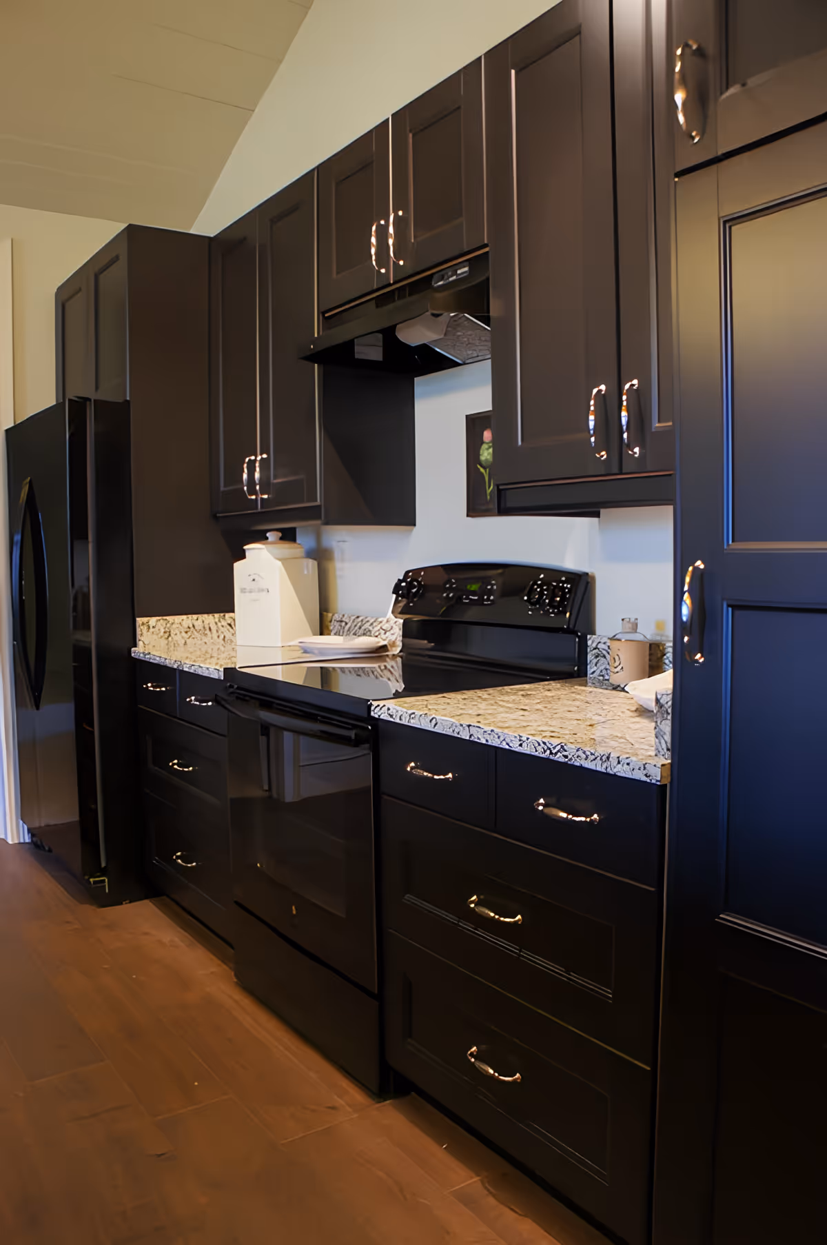 Modern kitchen with dark cabinetry, granite countertops, a black electric stove with oven, a black refrigerator, and wooden flooring.