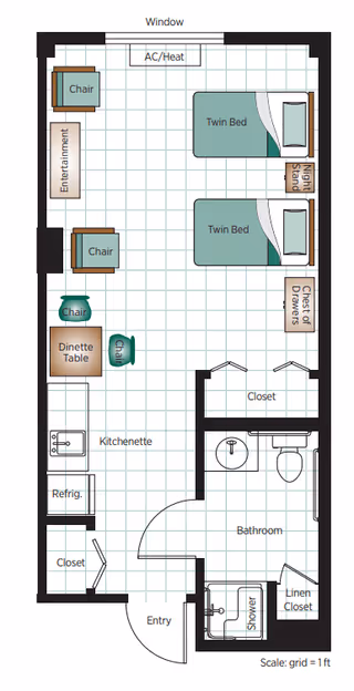 Floor plan of a senior living unit at Belmont Village Senior Living Turtle Creek showing an entry leading to a kitchenette with refrigerator and closet on the left. The main room has two twin beds with a nightstand and a closet of drawers, two chairs near an entertainment unit, and a dinette table with two chairs. The bathroom includes a sink, toilet, shower, and linen closet. There is also an AC/Heat unit and a window on the top side of the plan.