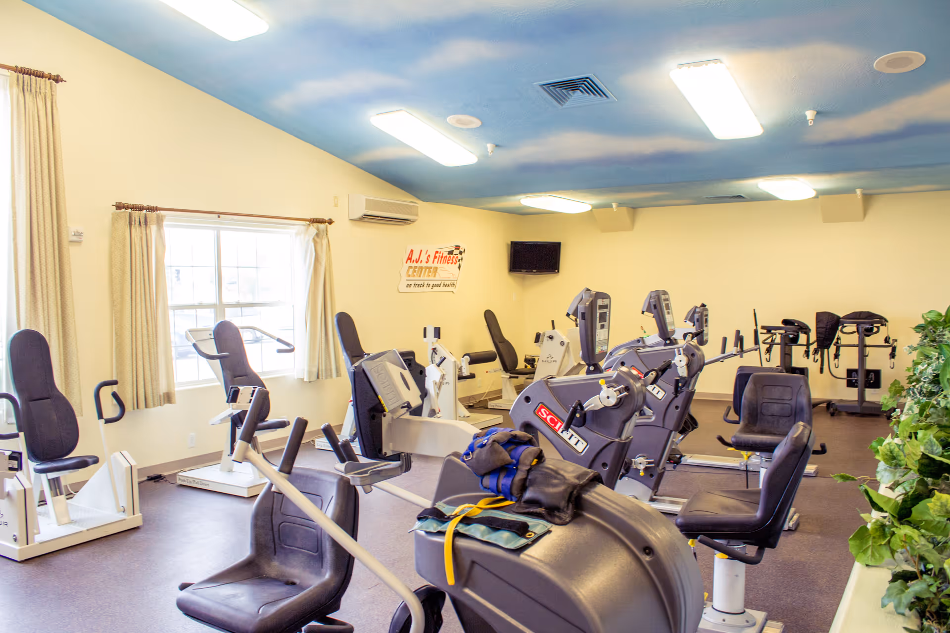 A bright fitness room with multiple recumbent exercise bikes and other cardio machines.