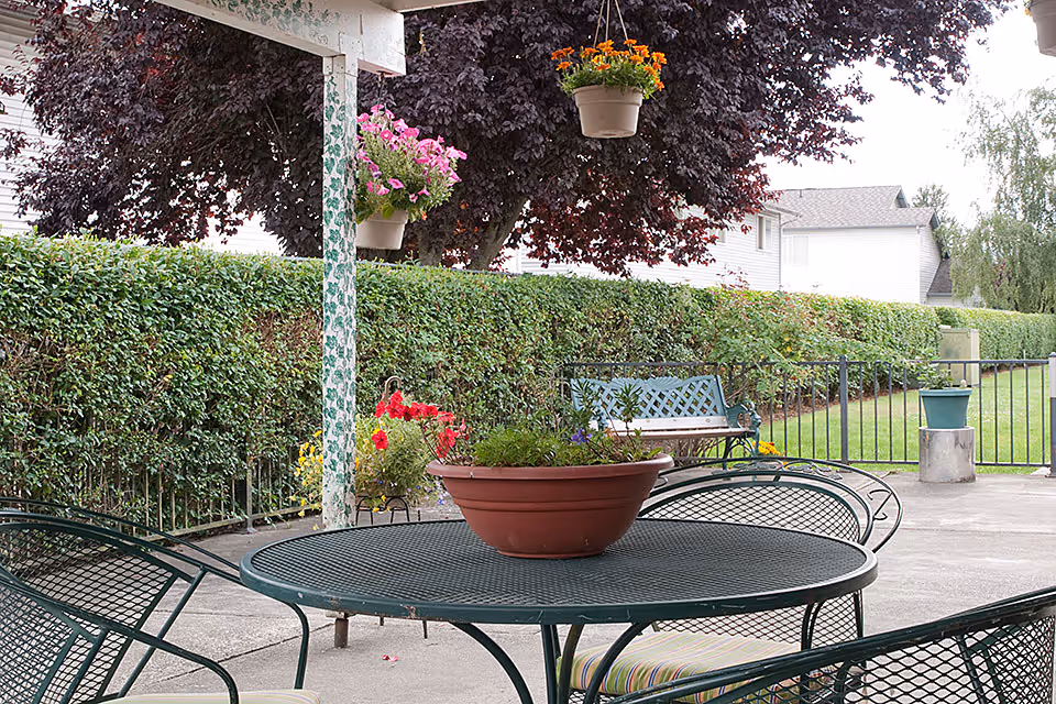 Outdoor patio with a metal table and chairs, potted plants and hanging baskets, a bench, and a hedge-lined yard.