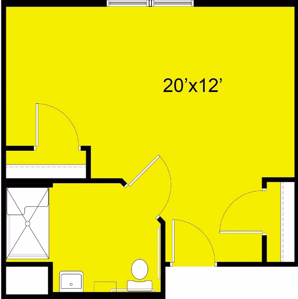 Floor plan layout of a room measuring 20 feet by 12 feet, including a bathroom area with a shower, toilet, and sink.
