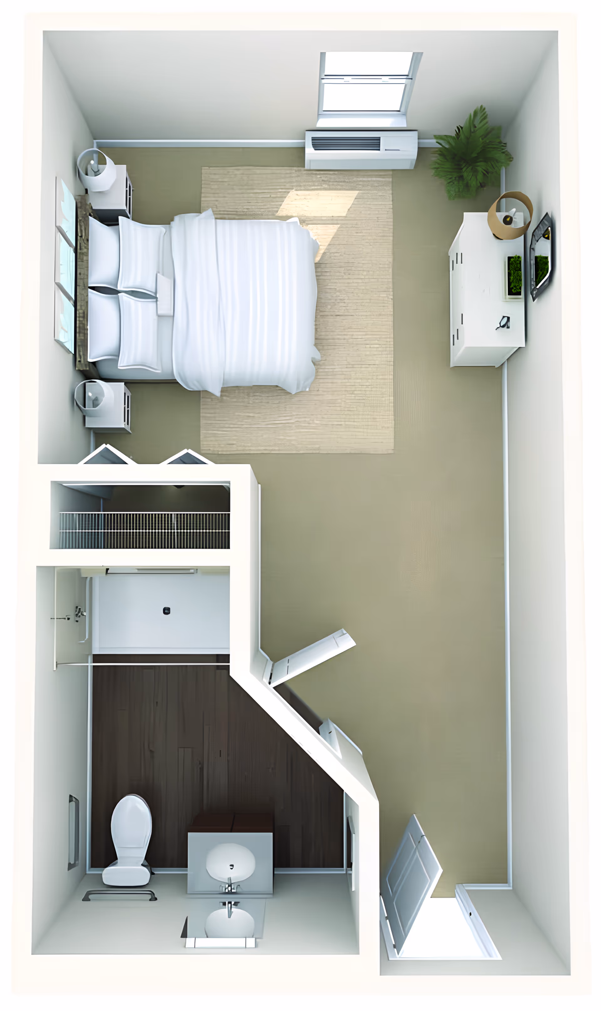 Top-down rendered floor plan of a studio apartment showing a bed, nightstands, dresser, closet and a bathroom.